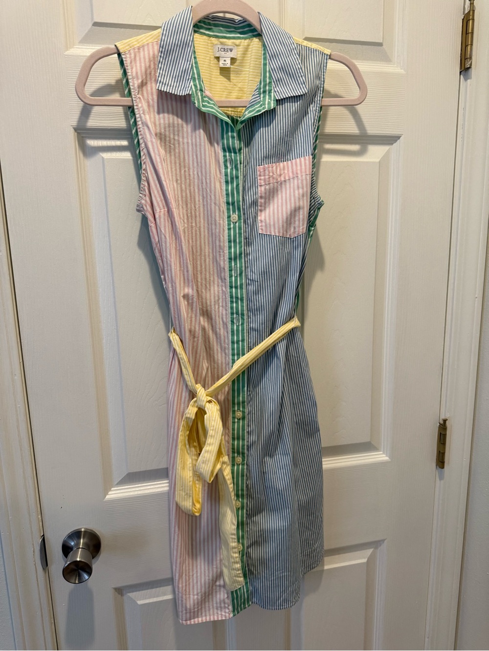 J. Crew Pastel Multi-Stripe Sleeveless Shirt Dress with Yellow Tie